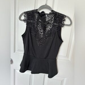 Iris Black Sleeveless Peplum Embellished Blouse With Lace